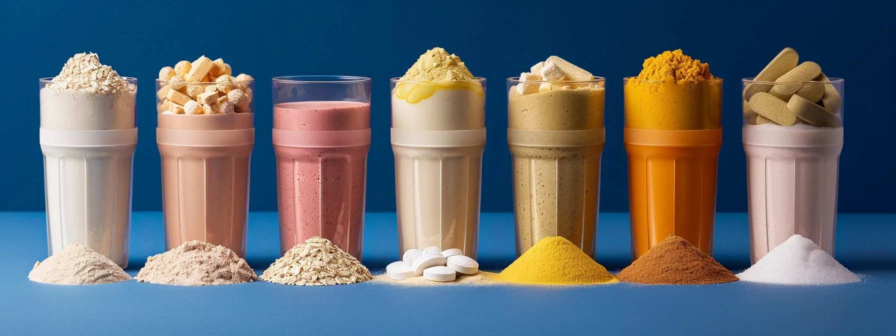 a colorful array of nutrient-rich meal replacement shakes featuring oat and flax ingredients, promoting weight loss and muscle retention.