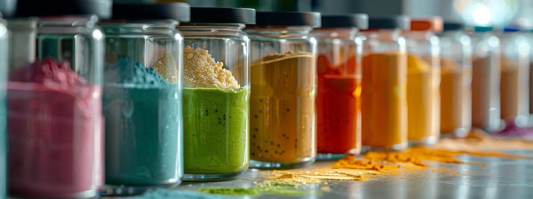 a colorful array of pea protein powder, dairy products, fiber-rich ingredients, and natural sweeteners arranged neatly on a kitchen counter, ready to be blended into high-protein shakes.