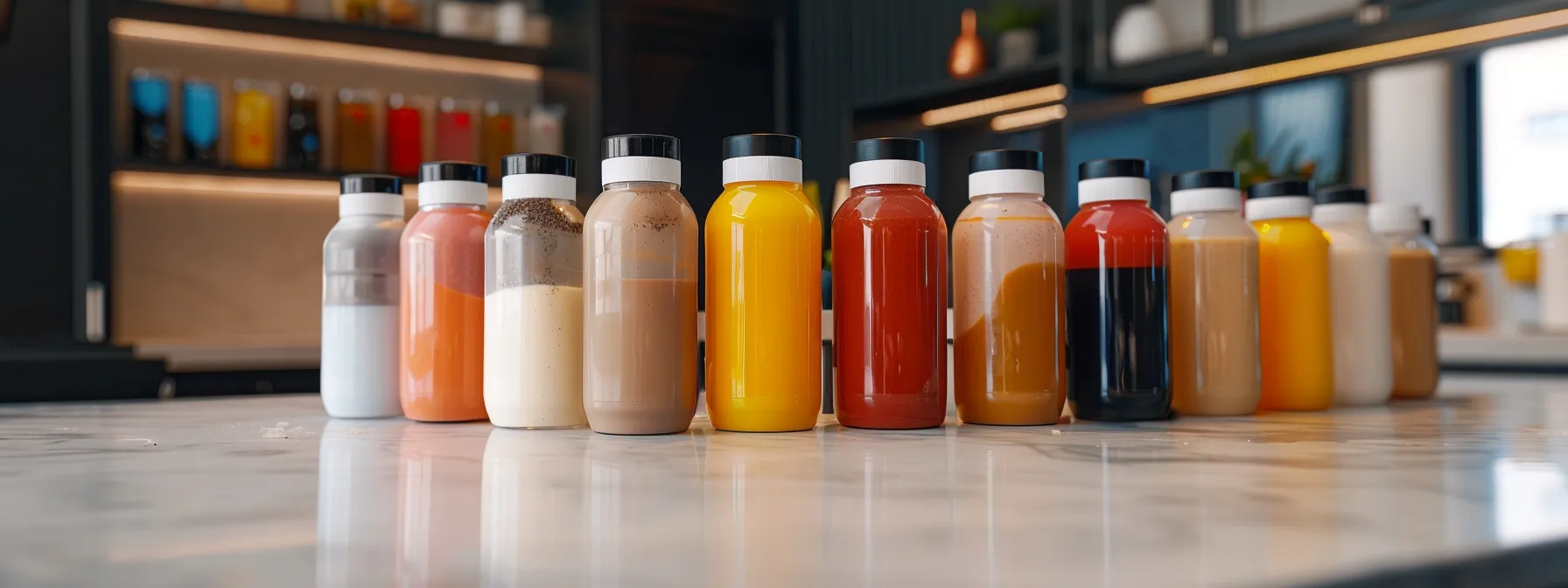 a colorful array of protein shake bottles filled with various flavors like butter, spice, dark chocolate, and oil, displayed on a sleek kitchen countertop.