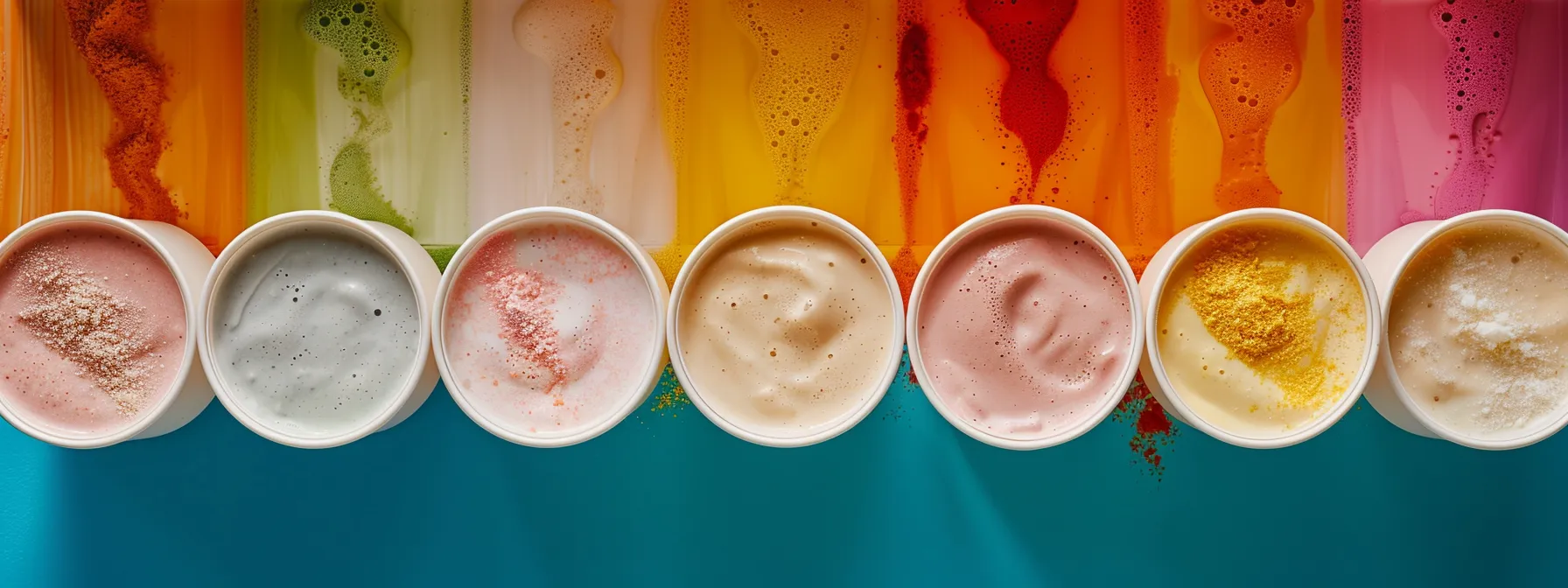 a colorful array of protein shakes in vibrant hues, each one labeled with different ingredients like soy milk, lemon, and stevia, showcasing the variety and options available for weight loss support.