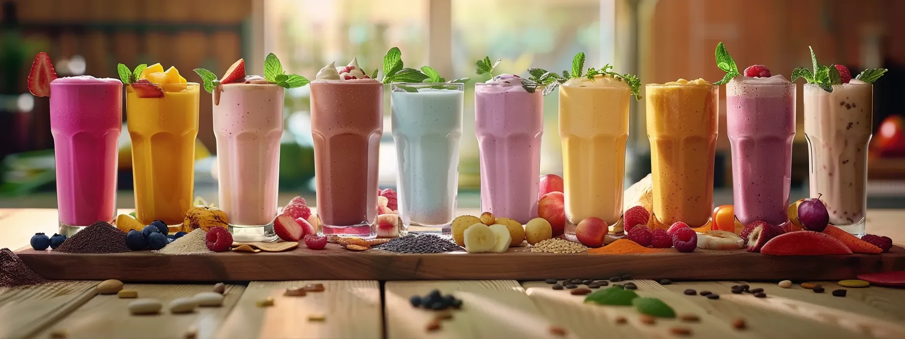 a colorful array of shakes and vibrant whole foods arranged on a table, showcasing the balance between taste and nutrition in a shake diet meal plan.