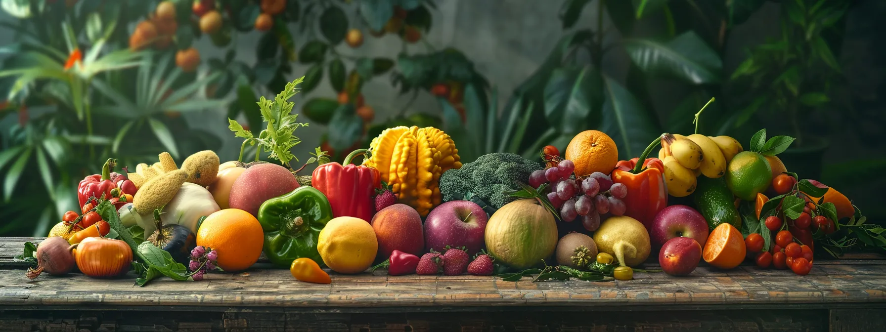 a colorful array of vibrant fruits and vegetables arranged on a rustic wooden table, symbolizing the allure of detox diets for improving dietary habits and promoting weight loss.