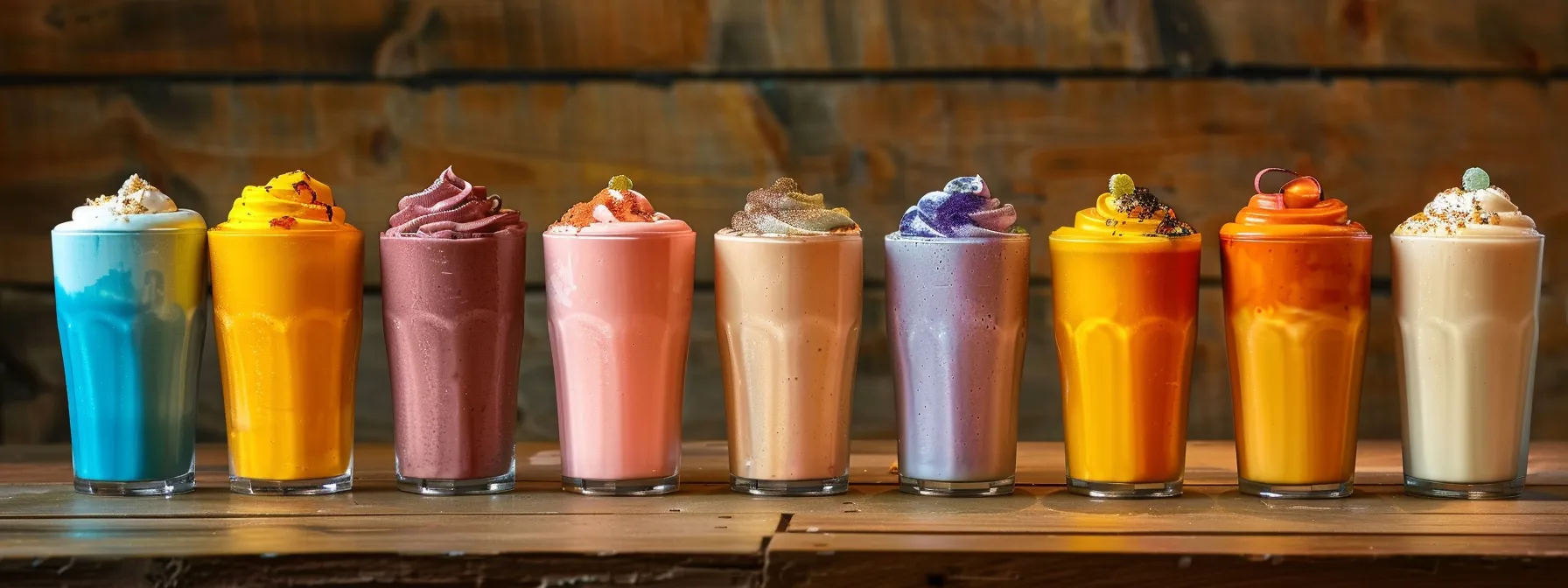 a colorful array of vibrant protein shakes, each with a unique flavor profile and ingredients, lined up in a row on a rustic wooden table.