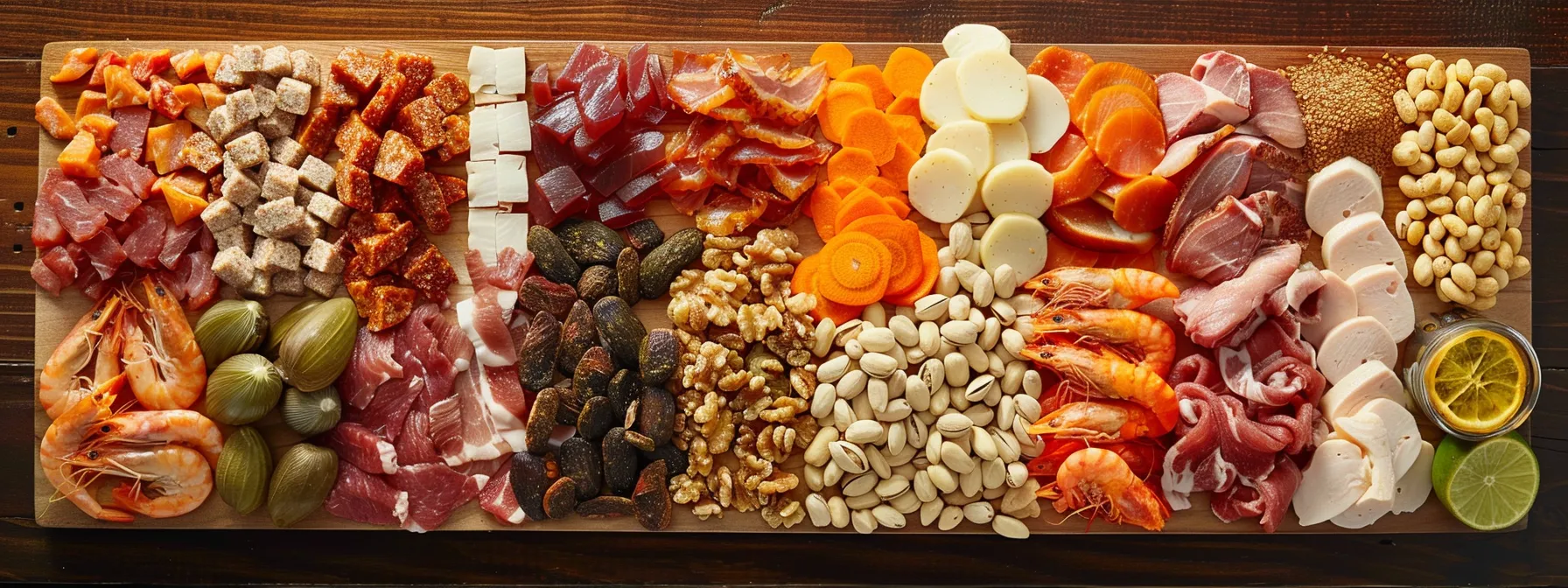 a colorful assortment of lean meats, seafood, tempeh, and nuts arranged neatly on a wooden cutting board, highlighting a variety of high-quality protein sources for weight loss.