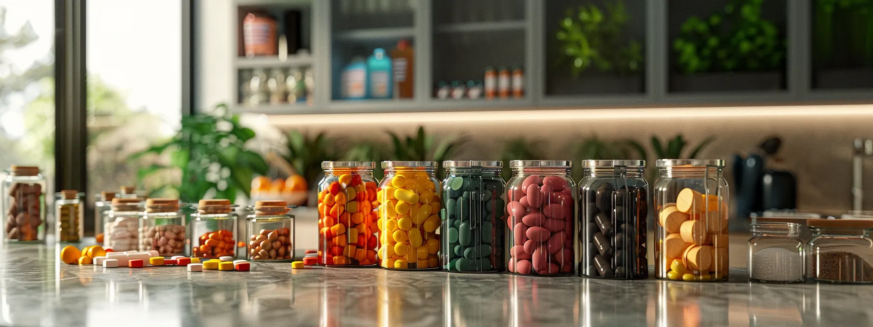 a colorful assortment of natural and synthetic weight loss supplements displayed on a sleek, modern kitchen counter.