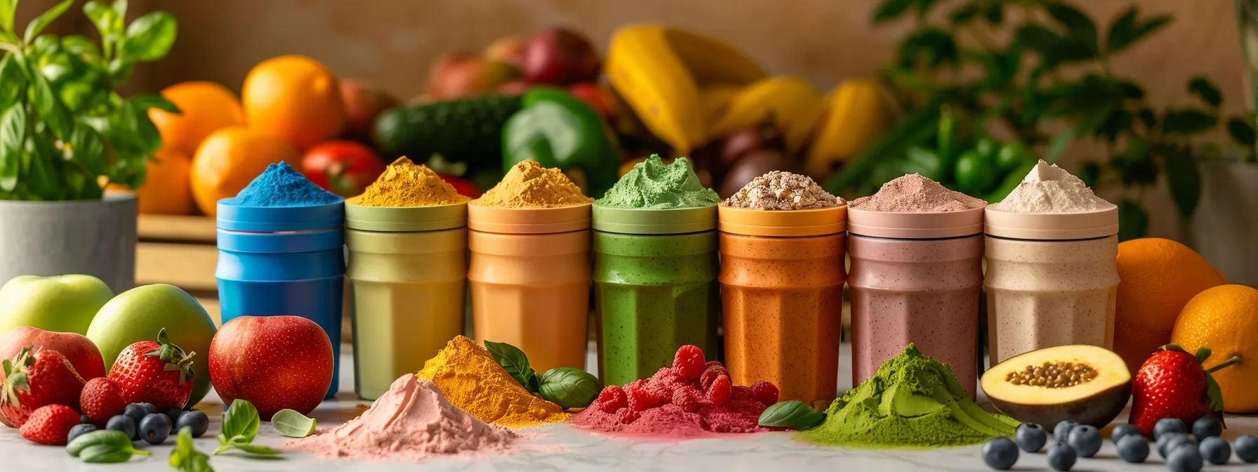 a colorful assortment of protein powder containers, including whey, casein, plant-based, and blended options, displayed against a backdrop of fresh fruits and vegetables.