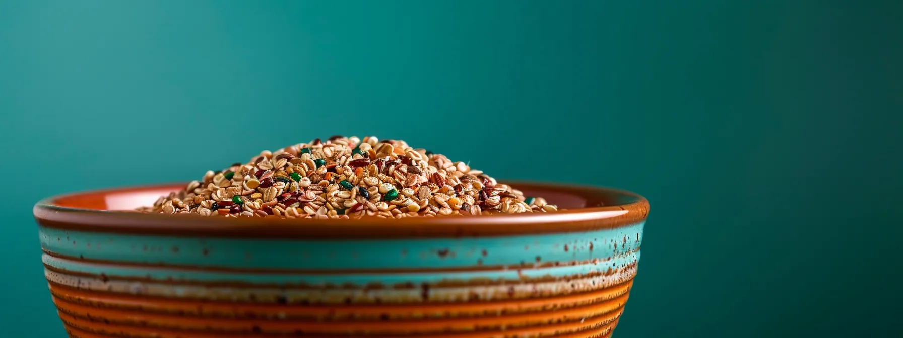 a colorful bowl filled with a variety of whole grains like quinoa, brown rice, and barley, showcasing their wholesome and nutritious qualities.