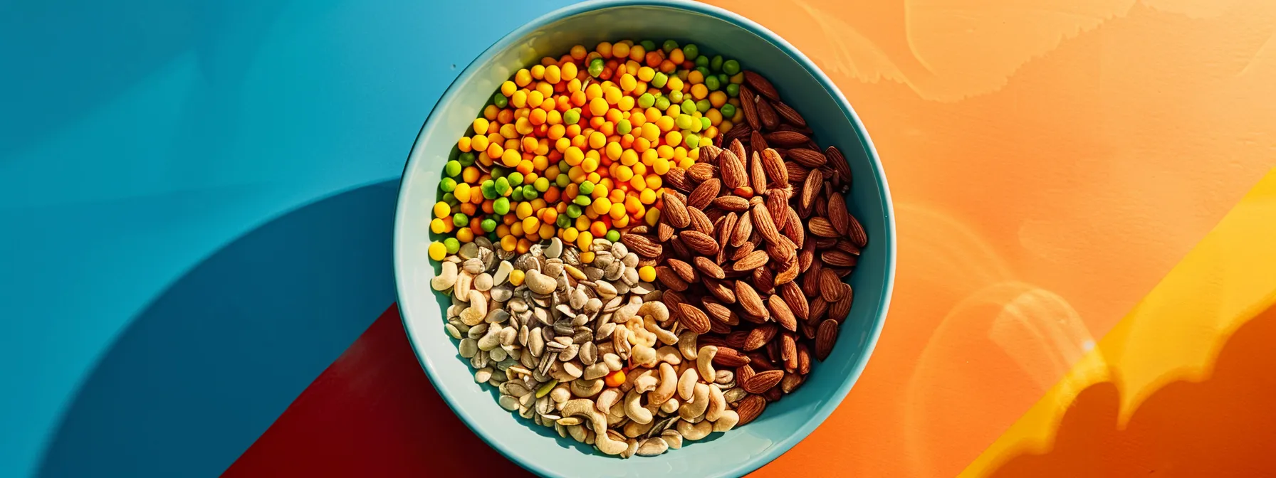 a colorful bowl filled with a variety of nuts, seeds, and whole grains, showcasing a balanced and high-protein meal plan.