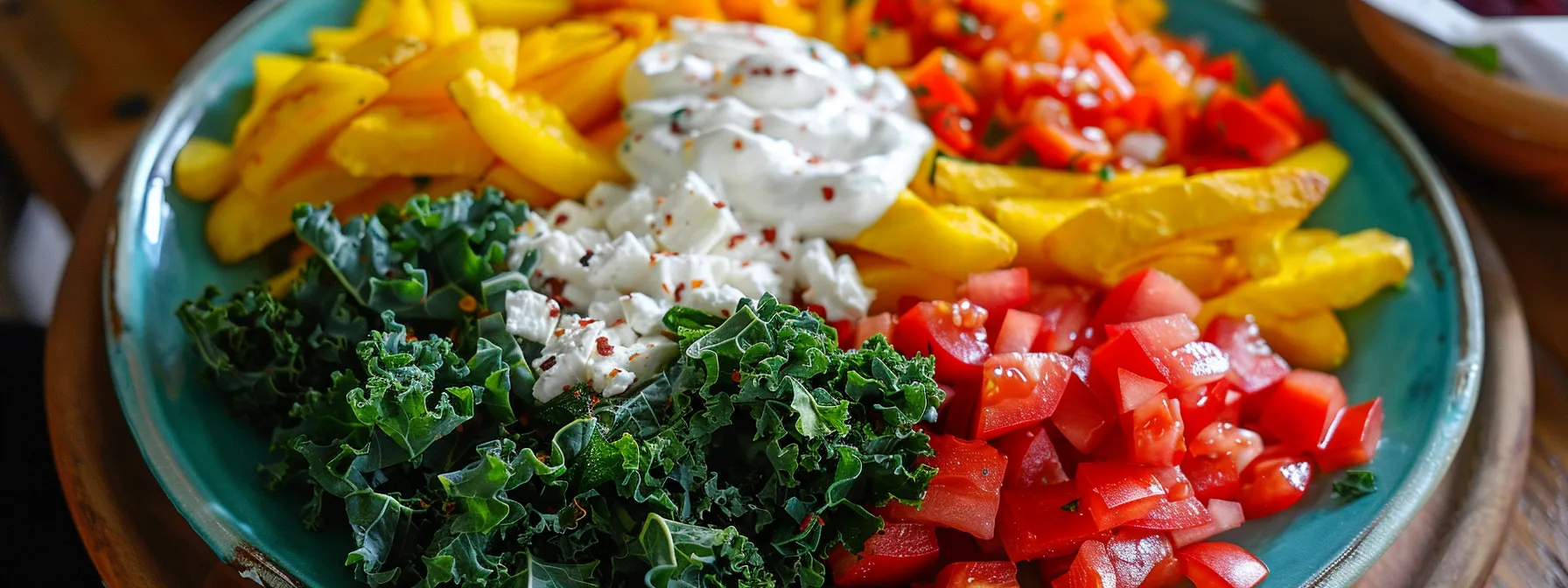 a colorful plate filled with vibrant kale, coconut cream, and healthy substitutes for french fries, representing overcoming common keto challenges.