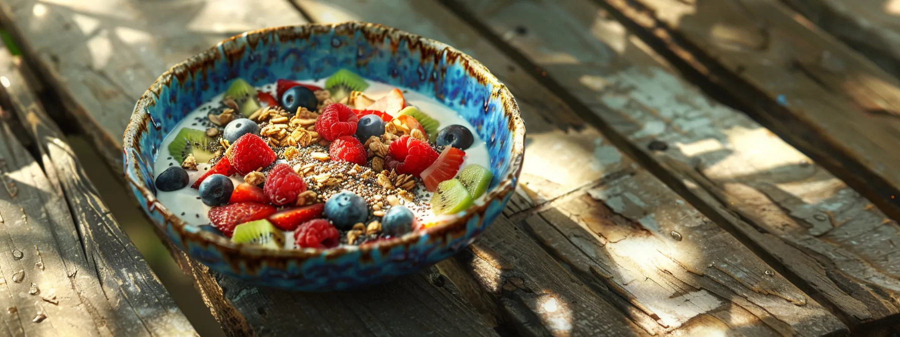 a colorful smoothie bowl topped with protein powder, fresh fruit, and nuts on a rustic wooden table.