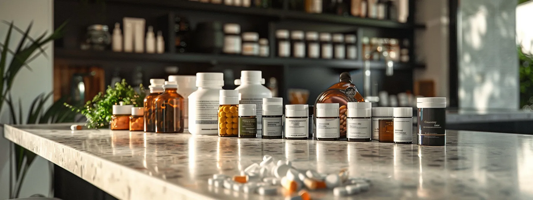 a diverse array of weight loss supplements neatly arranged on a sleek, modern countertop.