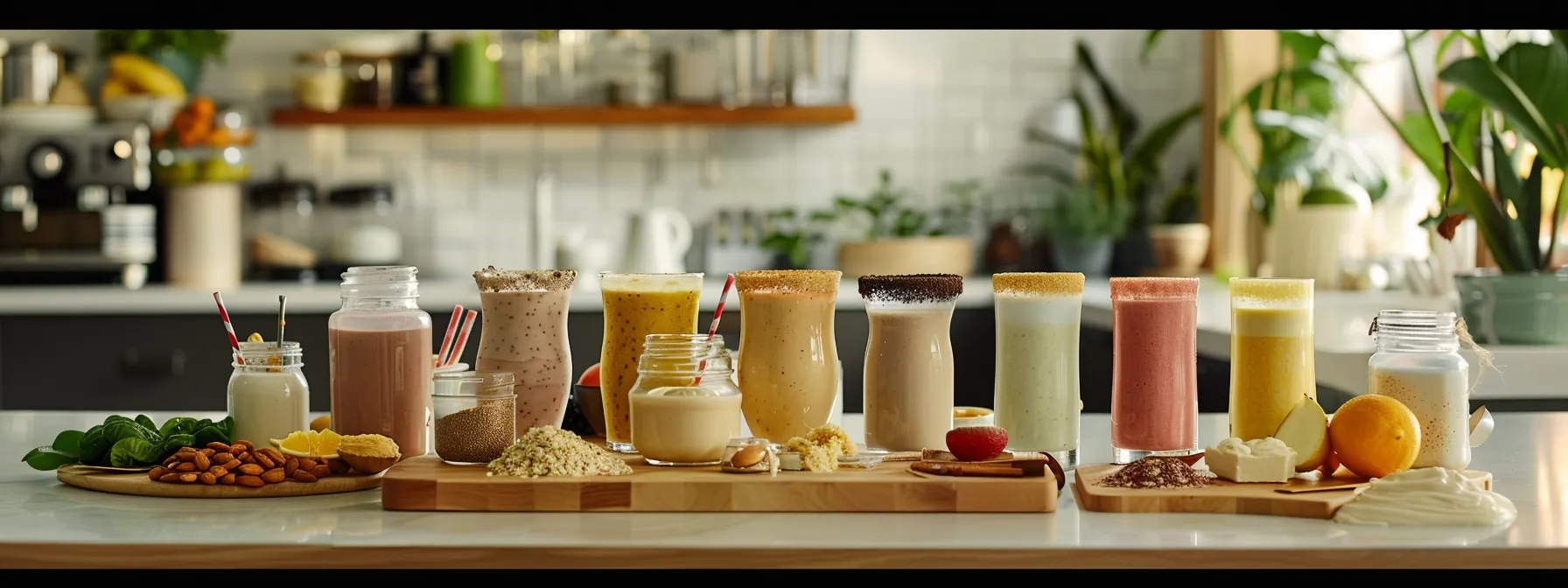 a diverse assortment of nutrient-rich shakes with ingredients like almond butter and dairy products, alongside healthy snack options, displayed on a sleek kitchen countertop.