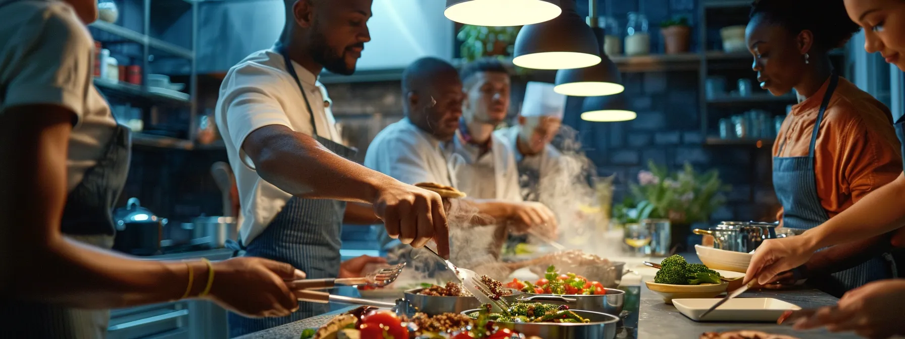 a diverse group of individuals cooking a variety of high protein meals in a modern kitchen setting.