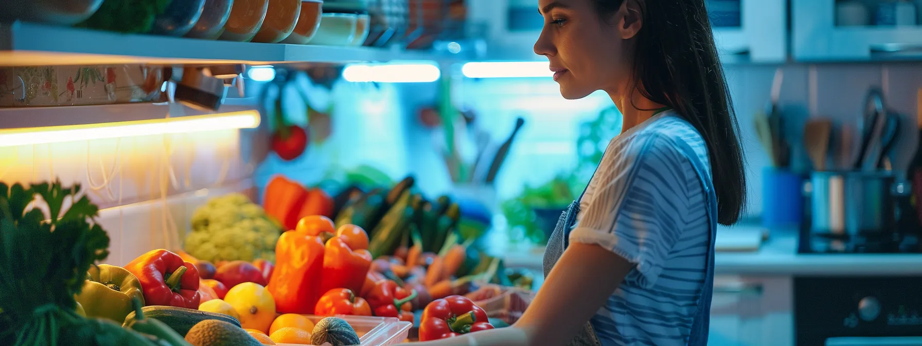 a focused woman with a healthy meal prep setup surrounded by colorful fruits and vegetables.