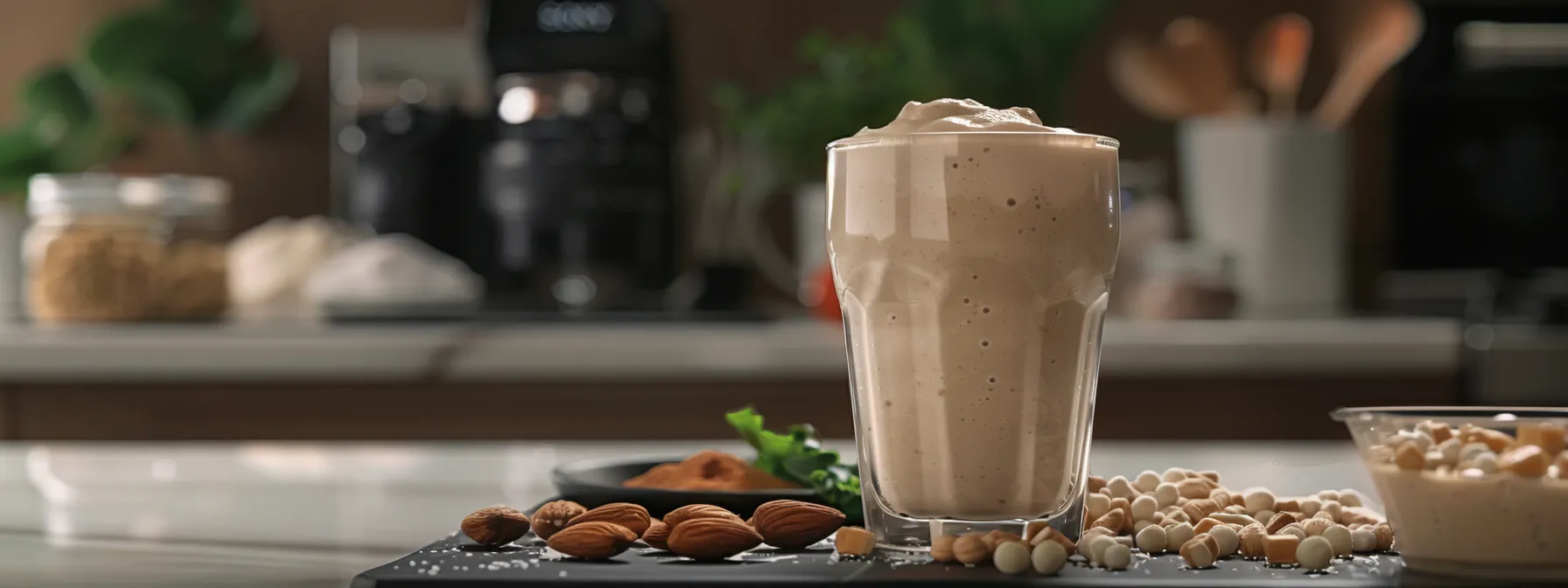 a glass filled with a creamy, almond-flavored keto shake surrounded by fresh ingredients like pea protein and almonds, symbolizing support for a ketogenic diet and effective fat burning.