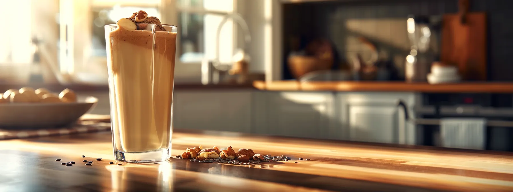 a glass filled with creamy, nutty low-sugar weight loss shake, garnished with flax seeds and macadamia nuts, on a sleek kitchen counter.