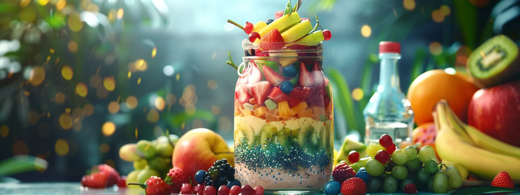 a glass jar filled with colorful layers of high-protein shake ingredients, surrounded by fresh fruits and a bottle of water for a vibrant and nutritious display.