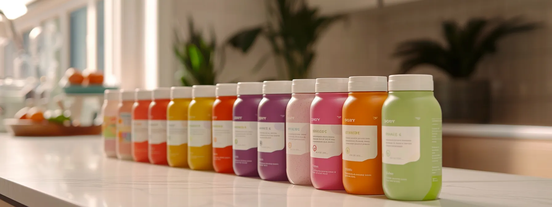 a lineup of colorful, sleek low-sugar weight loss shake bottles on a clean, white countertop, each with a different label representing brand a to brand e, ready for evaluation.