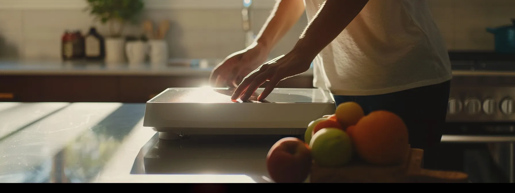 a person adjusting a weight scale while consulting with a dietitian.