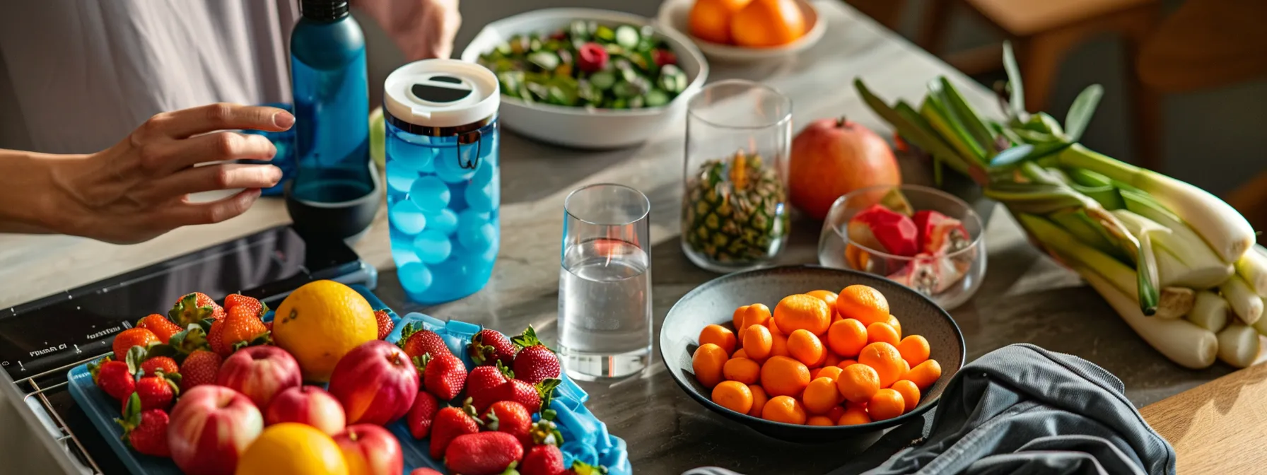 a person at a dining table filled with colorful fruits and vegetables, taking an appetite suppressant pill with a glass of water, while workout clothes and a water bottle sit nearby.