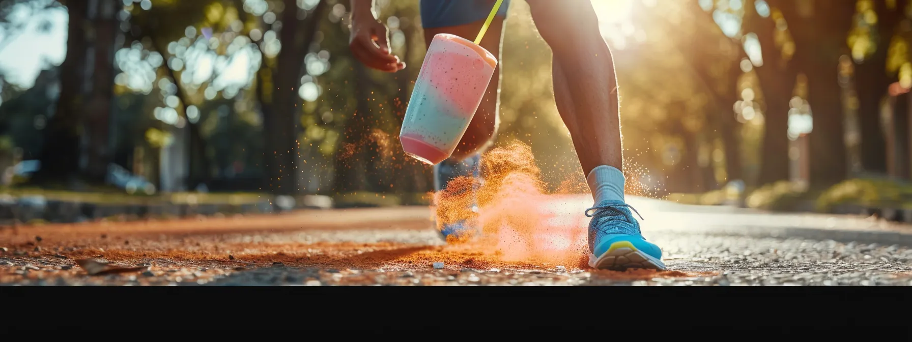 a person balancing a colorful, nutrient-rich shake in one hand while engaging in a fitness activity outdoors.