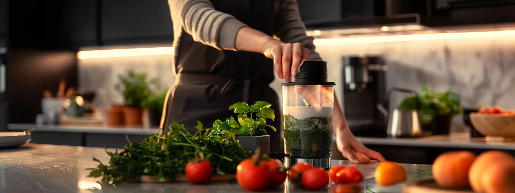 a person blending a nutritious low-sugar weight loss shake with vibrant green ingredients in a sleek, modern kitchen.