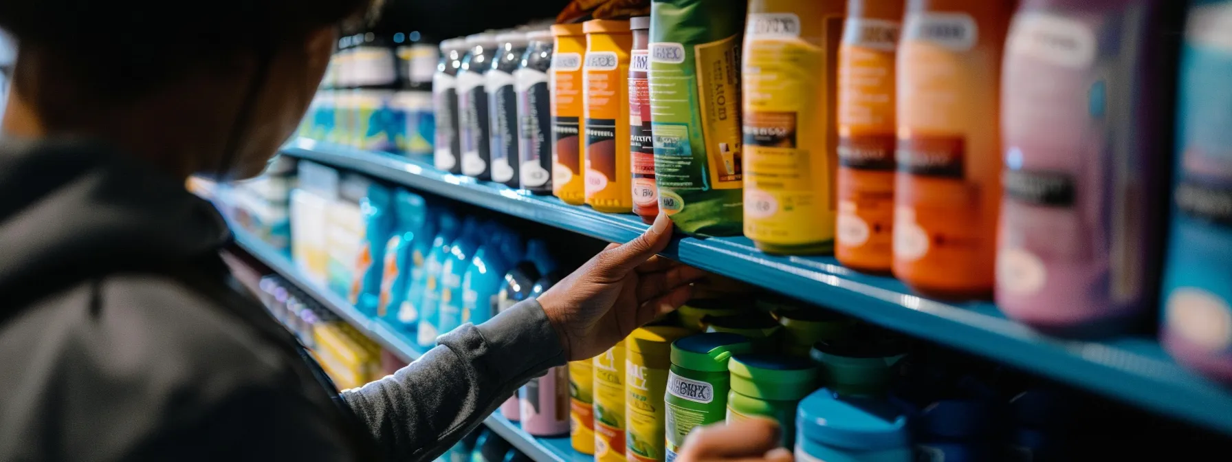 a person carefully examining a array of protein powders in vibrant, colorful packaging, with a focus on reading the nutrition labels and ingredient lists.