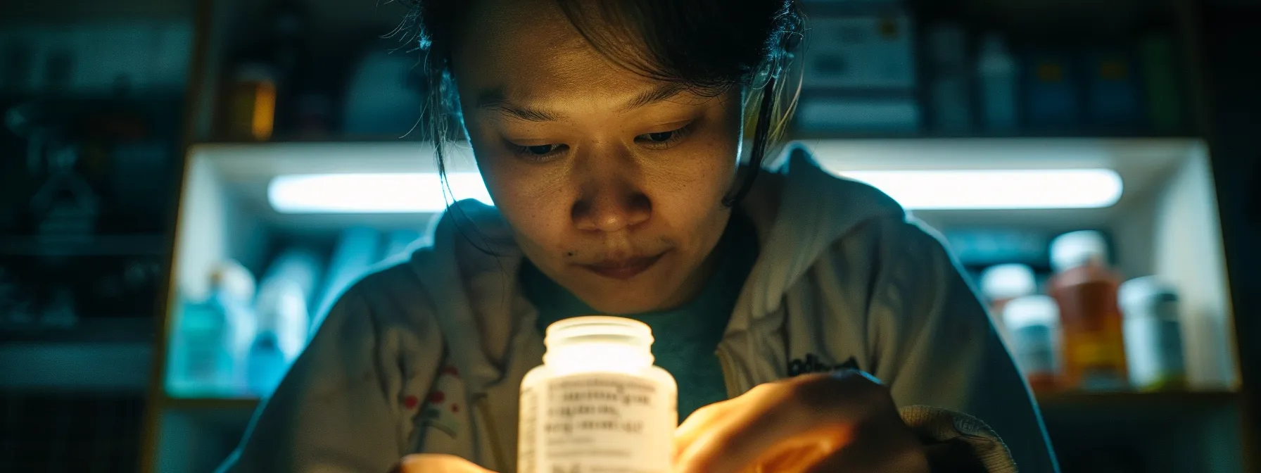 a person carefully reading a label on a bottle of weight loss supplements, with a concerned expression on their face.