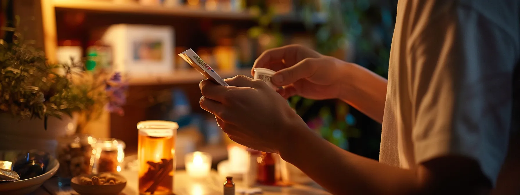 a person carefully reading the label of a colorful herbal tea blend, surrounded by various medications and supplements, highlighting the importance of understanding potential side effects and interactions.