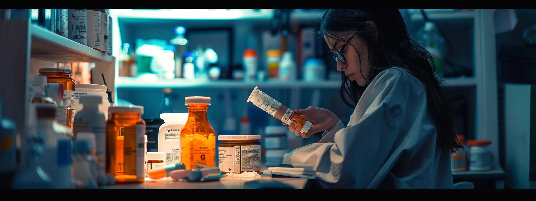 a person carefully reading the label on a bottle of weight loss tea, surrounded by various medications and supplements, emphasizing caution and potential side effects.