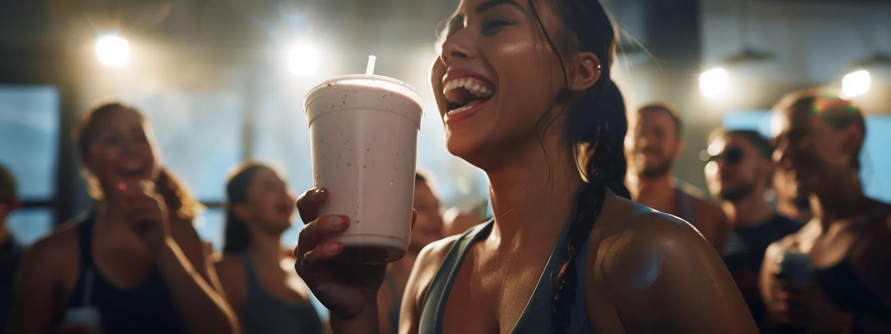 a person celebrating a weight loss milestone with a high-protein meal replacement shake, surrounded by supportive friends in a gym.