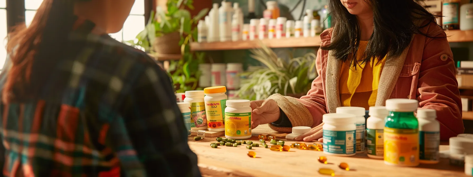 a person consulting with a healthcare professional about green tea extract supplementation, surrounded by various quality supplements and medication bottles for weight management and metabolism optimization.