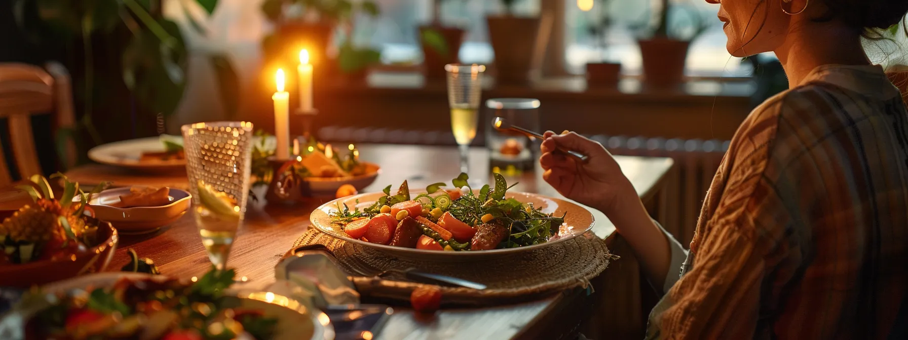 a person enjoying a colorful, nutrient-rich meal while fasting in a cozy, well-lit dining room.