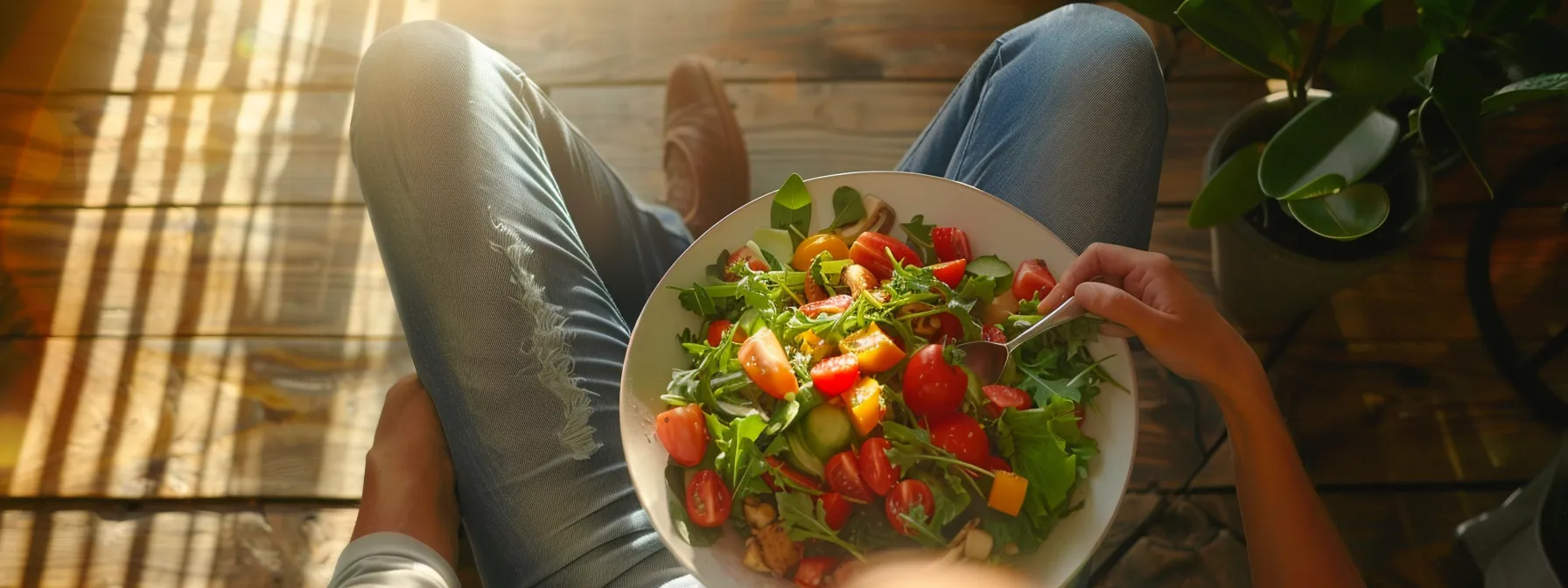 a person enjoying a colorful, nutritious salad while stretching in a sunlit room, emphasizing the importance of combining nutrition with physical activity for optimal health.