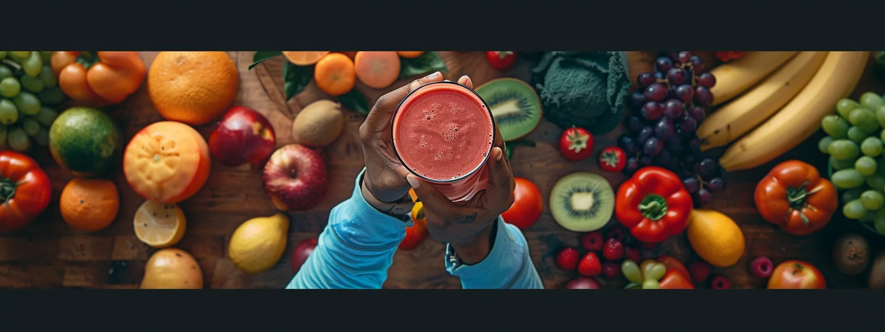 a person enjoying a delicious low-sugar shake surrounded by a variety of colorful fruits and vegetables, showcasing a balanced and satisfying meal.