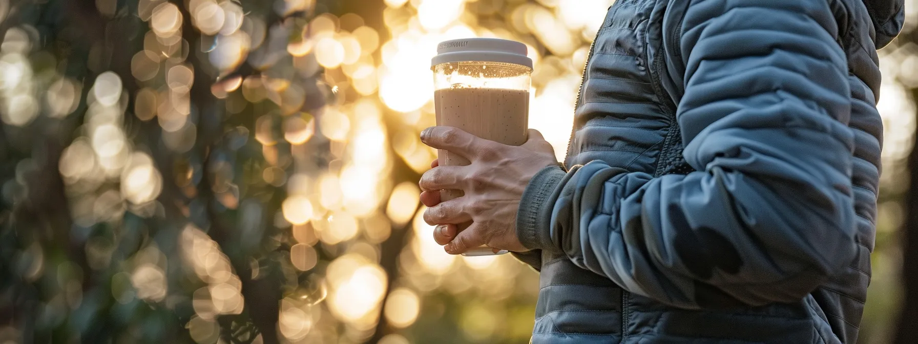 a person exercising outdoors with a nutritious shake in hand, showcasing the perfect blend of physical activity and diet for effective weight loss.