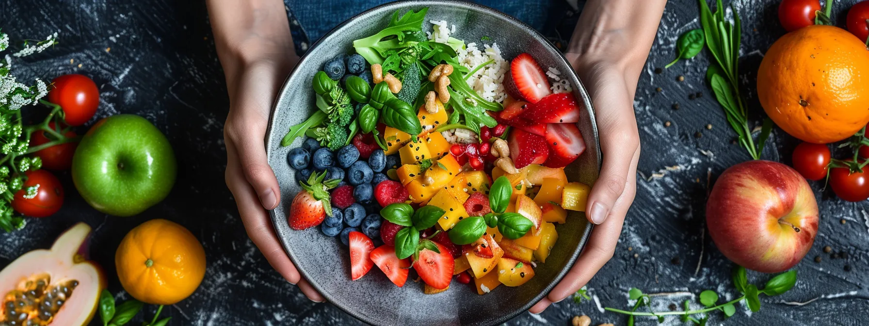 a person happily enjoying a healthy, balanced meal after a successful intermittent fasting period, surrounded by fresh fruits and vegetables, a clear representation of how intermittent fasting promotes weight loss.