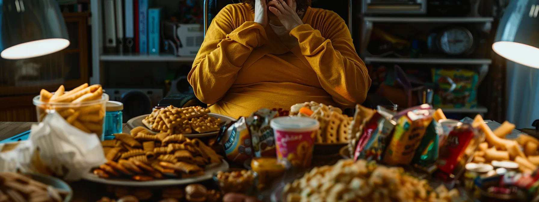 a person sitting at a desk surrounded by unhealthy snacks, staring at a scale in frustration with a bulging belly.