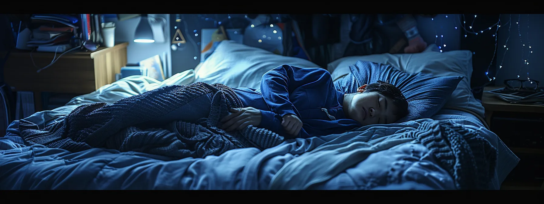 a person sleeping peacefully in a cozy bed, surrounded by soft pillows and blankets, illustrating the importance of quality sleep for managing belly fat.