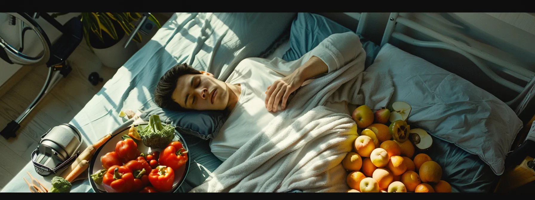 a person sleeping peacefully with healthy food and exercise equipment nearby to symbolize the integration of sleep, diet, and exercise for fat loss.