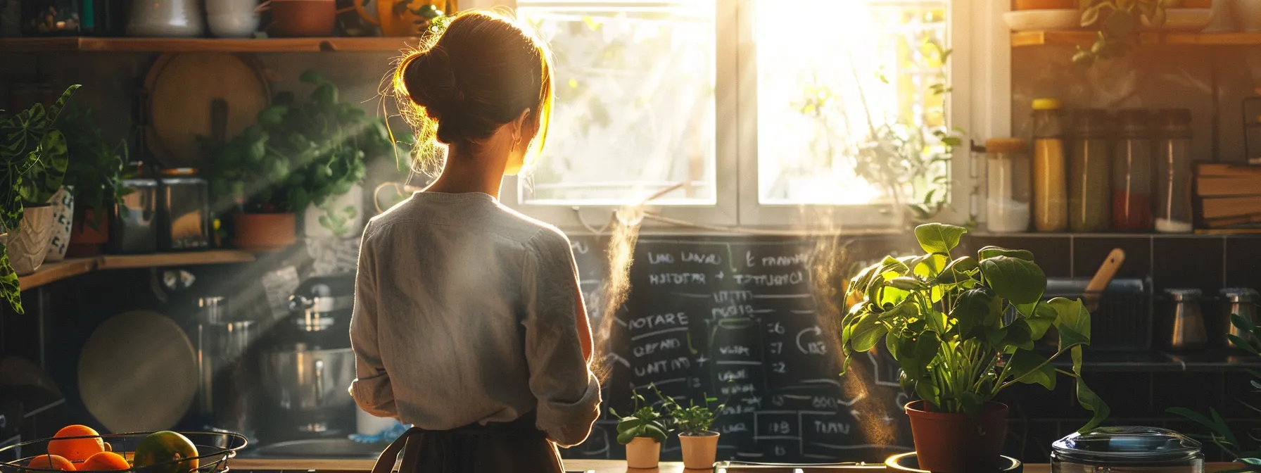 a person standing in a peaceful kitchen, deliberating over different intermittent fasting methods written on a chalkboard, with sunlight streaming through the window illuminating the choices.