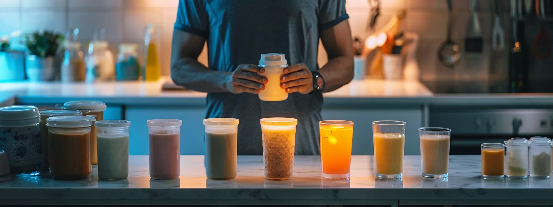 a person standing in a well-lit kitchen, surrounded by neatly arranged keto shakes of various flavors and portion sizes, ready to be incorporated strategically into their daily routine for optimal fat loss results.