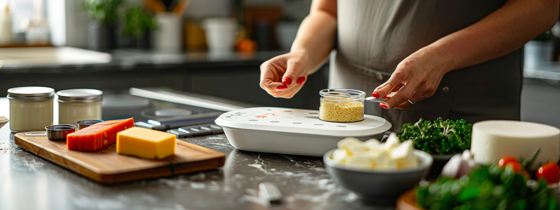 a person weighing food portions and recording ketosis levels on a tracker, surrounded by a variety of dairy and sardine products on a kitchen counter.