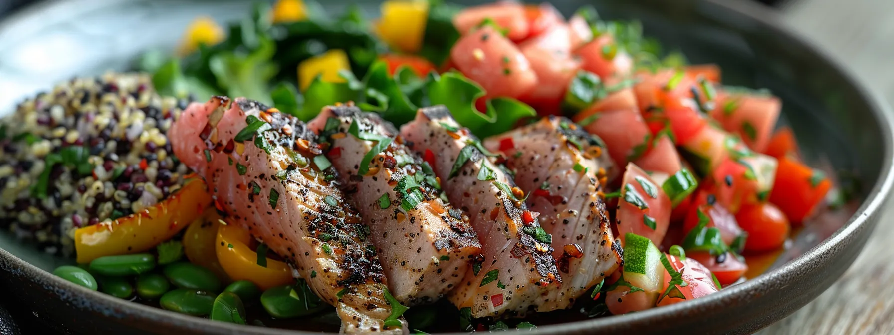 a plate filled with colorful, nutrient-dense foods like grilled tuna, fresh vegetables, and quinoa, showcasing a balanced and sustainable high protein diet for weight loss.