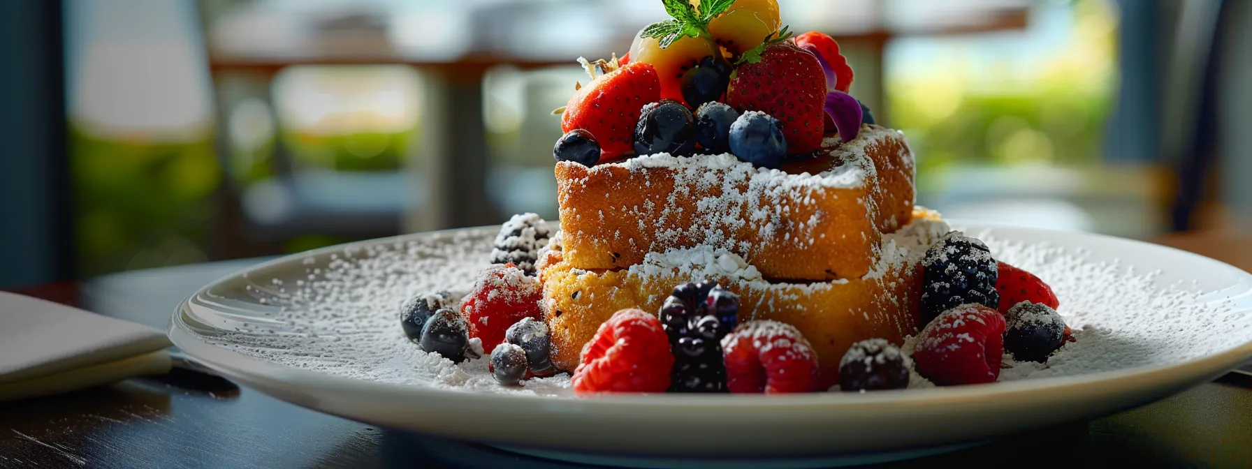 a plate of delicious french toast topped with fresh berries and a sprinkling of powdered sugar, showcasing a balance between indulgence and weight loss goals.