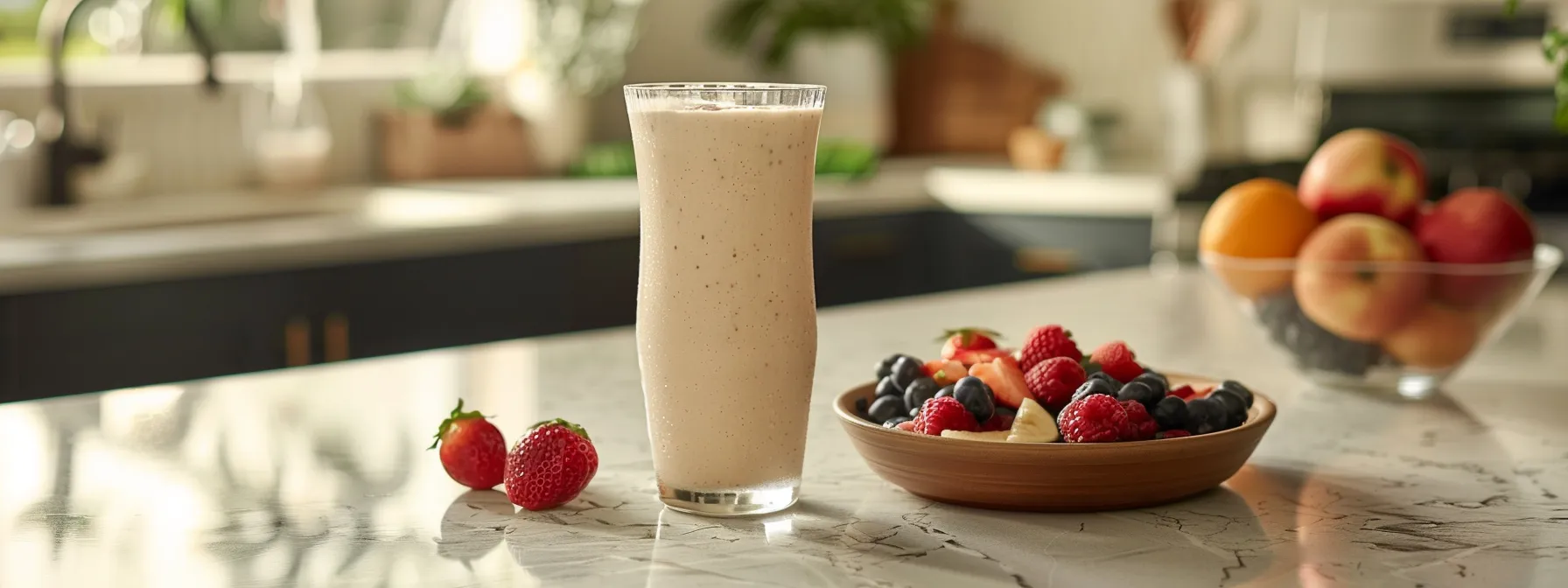 a refreshing natural weight loss shake, enriched with caramel flavor and complete protein, sitting on a kitchen counter next to a bowl of fresh fruits.