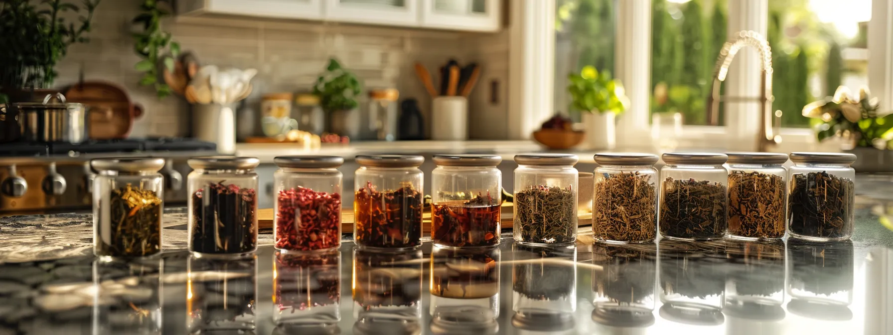 a serene kitchen countertop adorned with an array of vibrant herbal tea leaves and infusers, ready for brewing and optimizing health benefits.