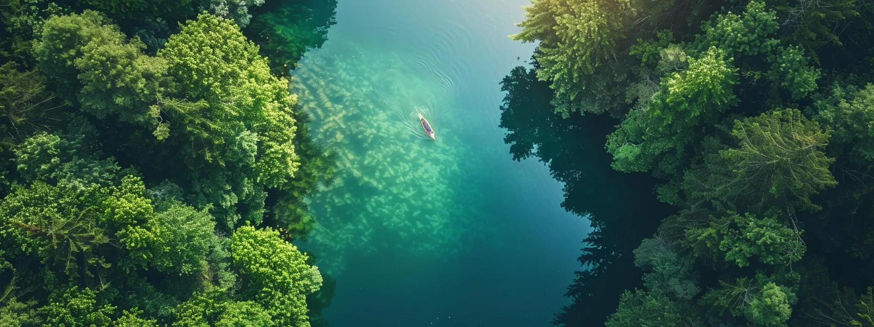 a serene lake surrounded by green trees, with a person peacefully swimming, symbolizing stress relief and weight management.