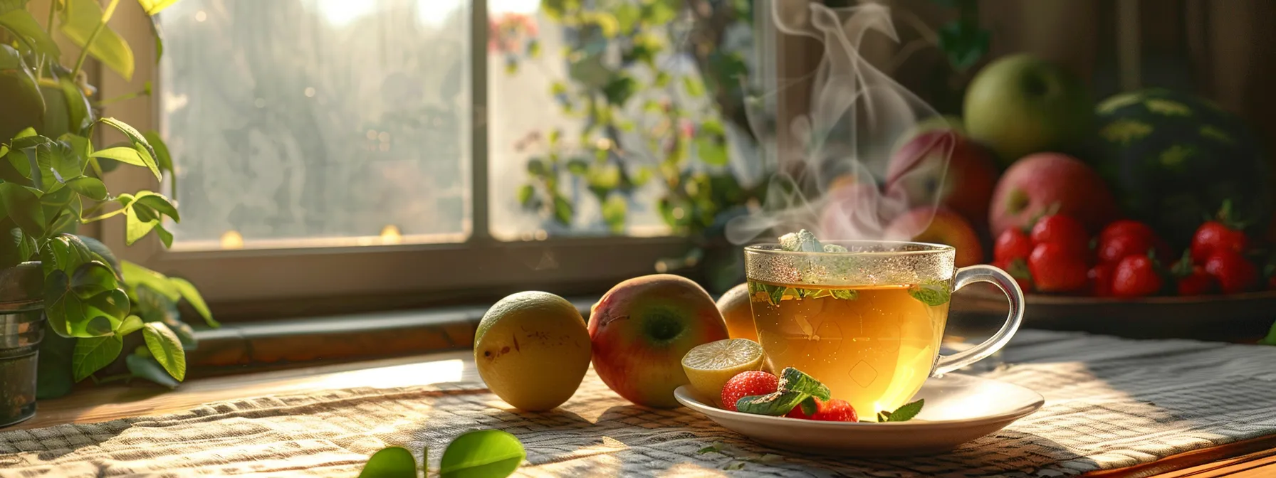 a serene morning scene with a steaming cup of green tea extract placed next to a plate of fresh fruits, emphasizing the importance of incorporating it into a balanced diet for achieving flat tummy goals.