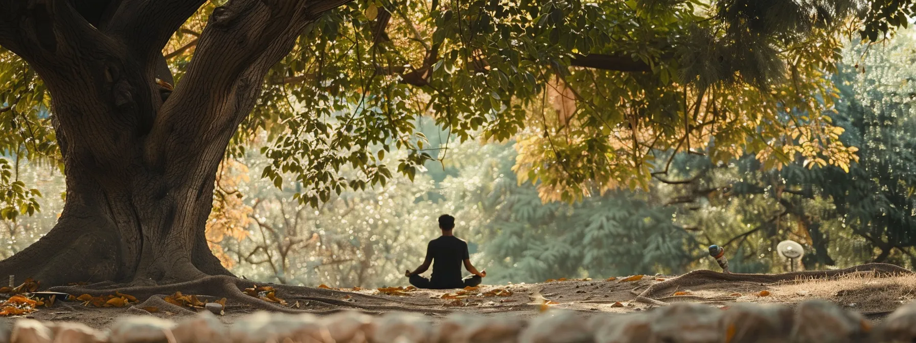 a serene setting with a person meditating under a tree, surrounded by nature, promoting mindfulness and stress reduction for effective weight loss.